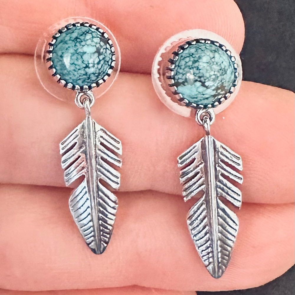 Blue Moon Turquoise Eagle Feather Sterling Silver Earrings NWT